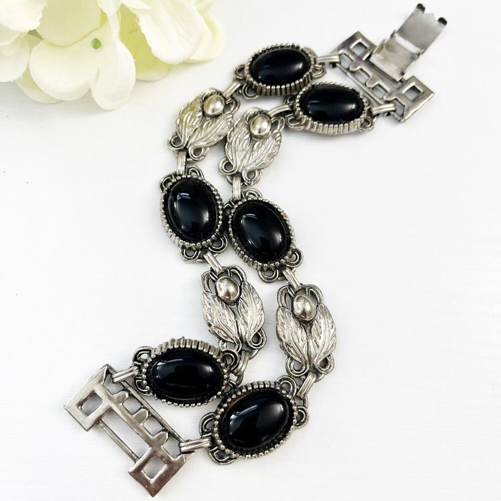 Vintage Brutalist Double Strand Silver & Black Cabochon Bracelet